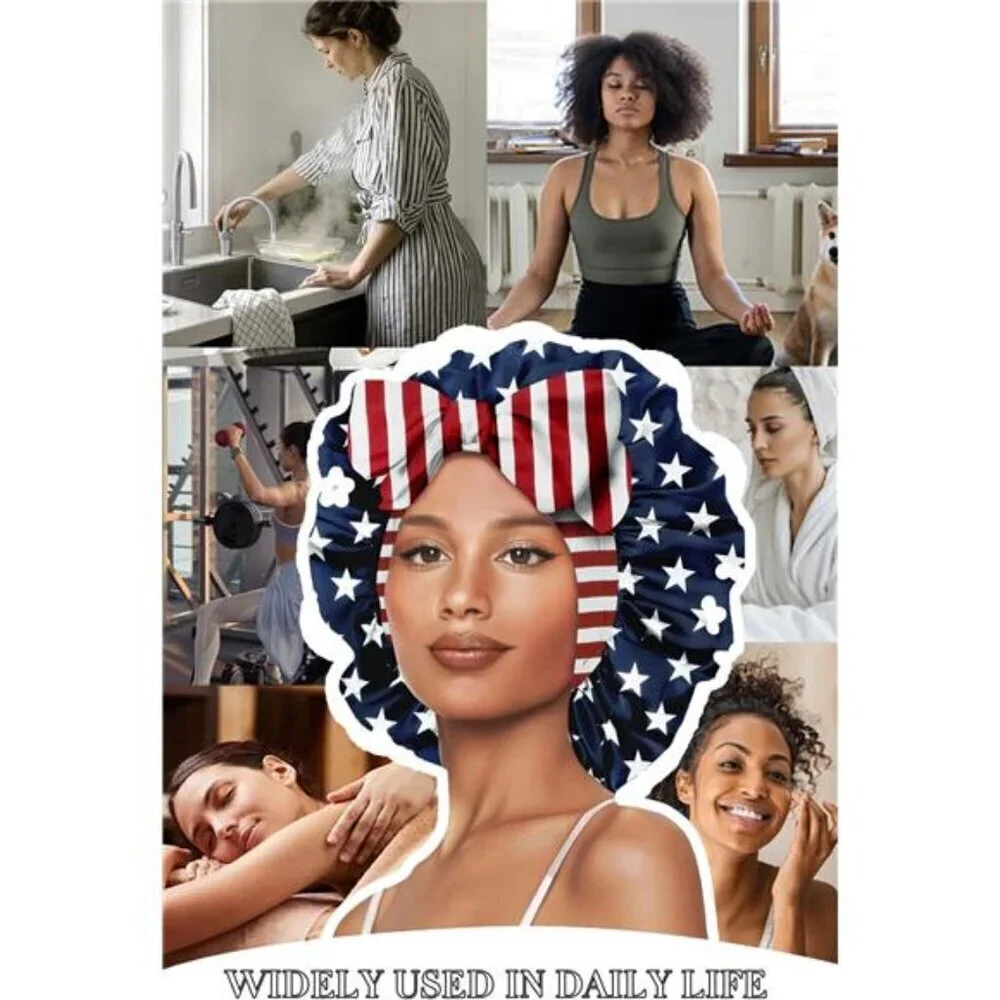 American Flag Satin Sleep Bonnet – Patriotic Stars & Stripes with Oversized Bow